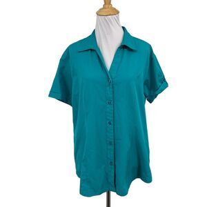 Merrell Shirt Womens L Large Blue Johnny Collar Button Front Short Sleeve Cuffed